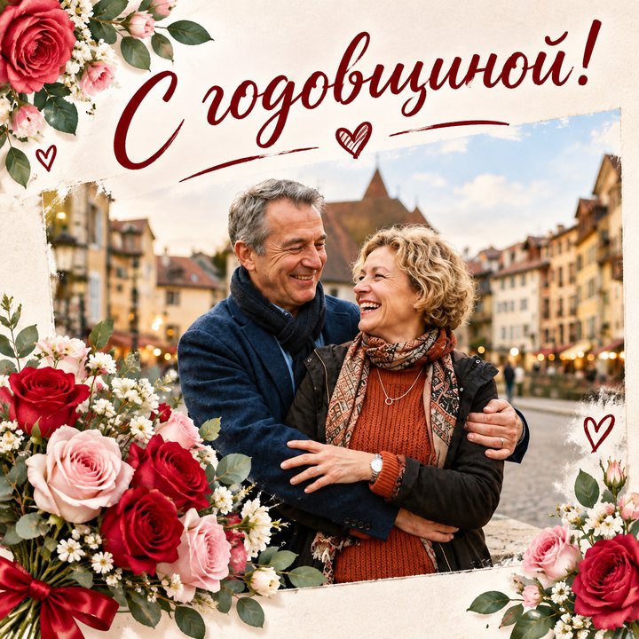 После: Открытка «С годовщиной!» с нашим фото и цветами